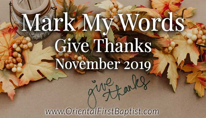 Mark My Words November 2019 title image of leaves and the words Give Thanks